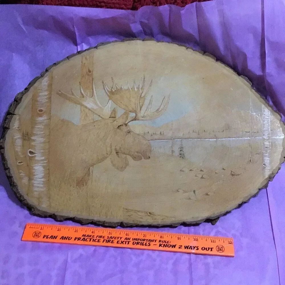 Vintage wooden art moose on a lake 17 x 12 by three-quarter